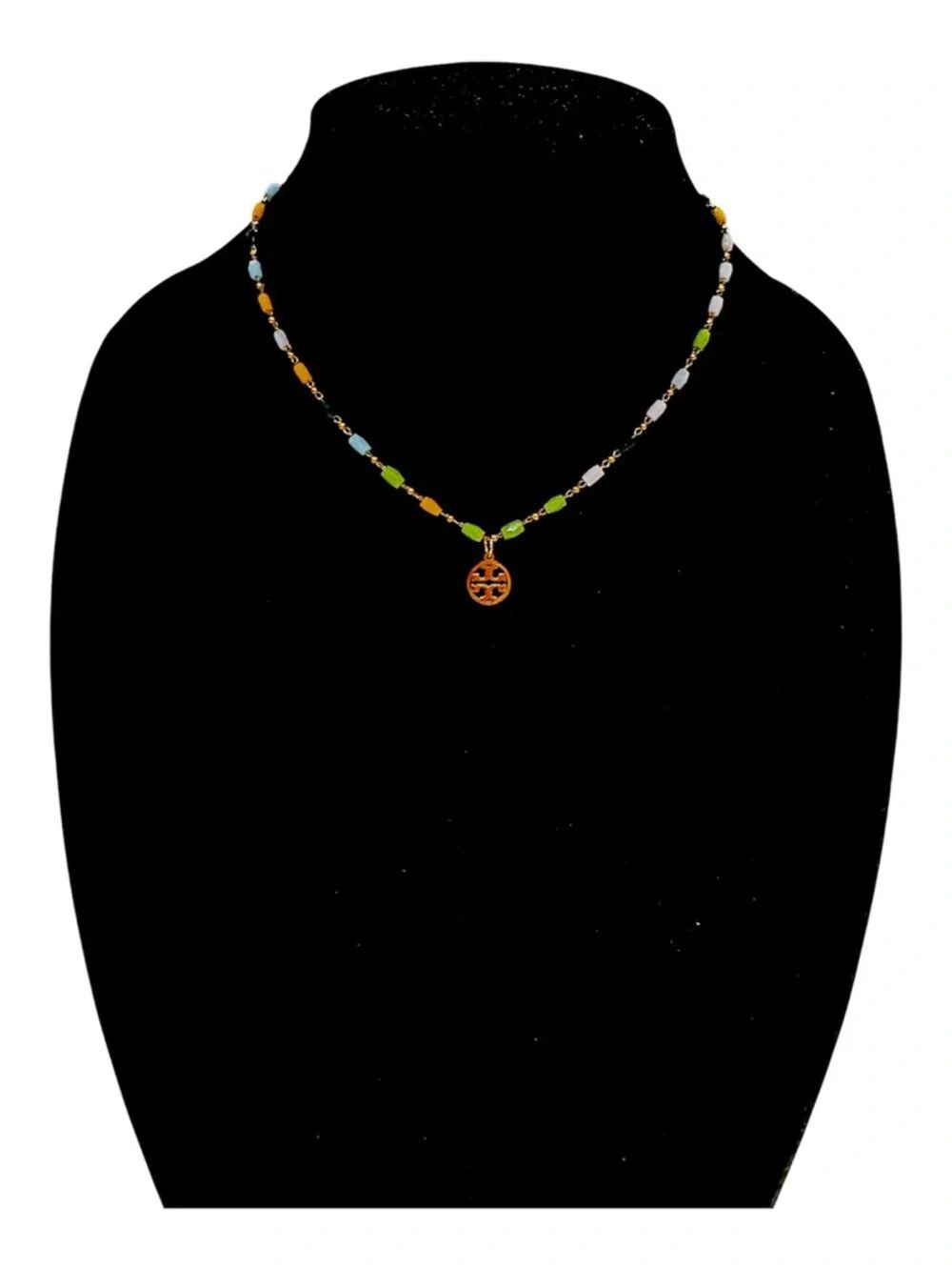 TORY BURCH SIGNATURE LOGO CHARM ON A DAINTY BEADED CHAIN 18K GOLD PVD - Picture 4 of 6